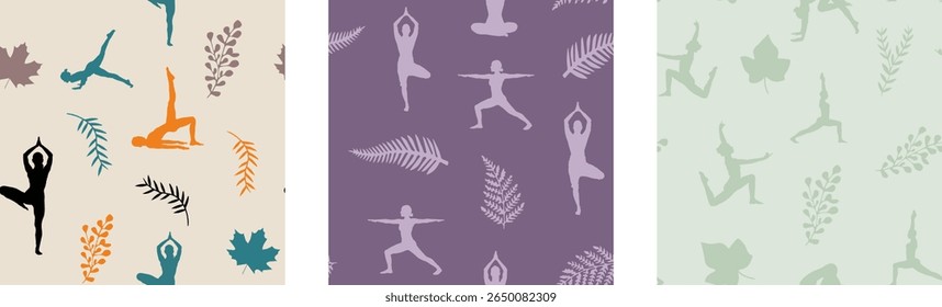 Calming, continuous patterns of yoga poses and tropical leaves are perfect for wellness and fabric design.