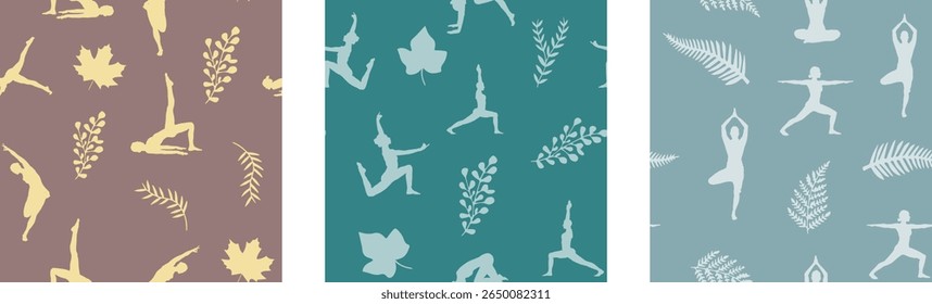 Calming, continuous patterns of yoga poses and tropical leaves are perfect for wellness and fabric design.