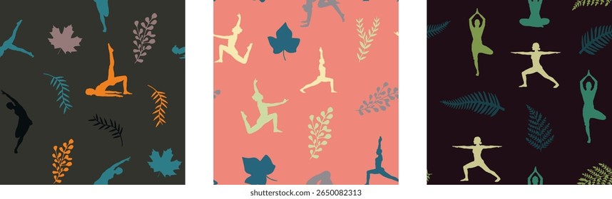 Calming, continuous patterns of yoga poses and tropical leaves are perfect for wellness and fabric design.