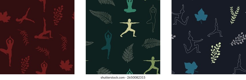 Calming, continuous patterns of yoga poses and tropical leaves are perfect for wellness and fabric design.