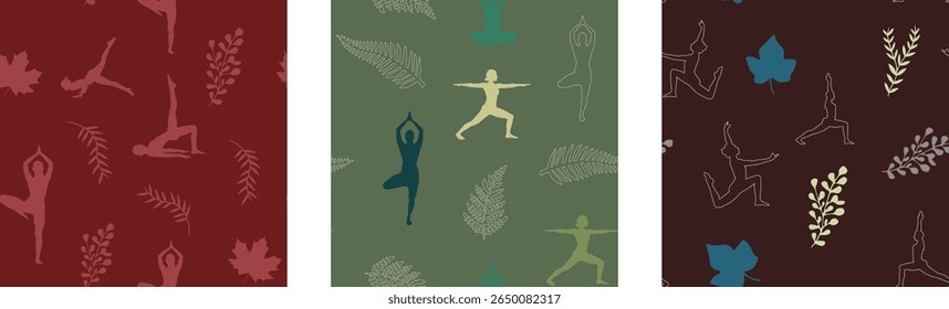 Calming, continuous patterns of yoga poses and tropical leaves are perfect for wellness and fabric design.