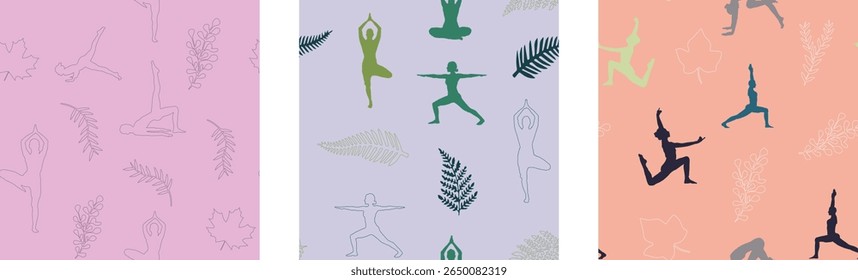 Calming, continuous patterns of yoga poses and tropical leaves are perfect for wellness and fabric design.