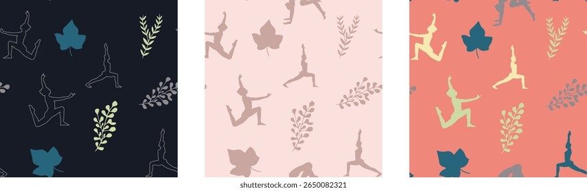 Calming, continuous patterns of yoga poses and tropical leaves are perfect for wellness and fabric design.