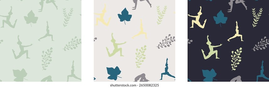 Calming, continuous patterns of yoga poses and tropical leaves are perfect for wellness and fabric design.