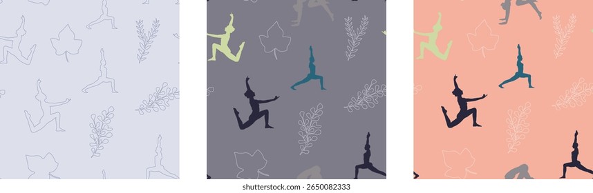 Calming, continuous patterns of yoga poses and tropical leaves are perfect for wellness and fabric design.