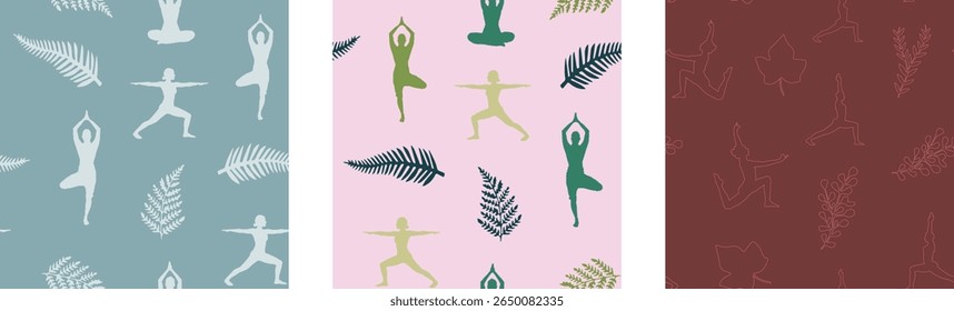 Calming, continuous patterns of yoga poses and tropical leaves are perfect for wellness and fabric design.