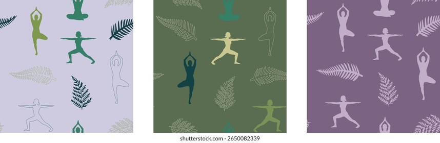 Calming, continuous patterns of yoga poses and tropical leaves are perfect for wellness and fabric design.
