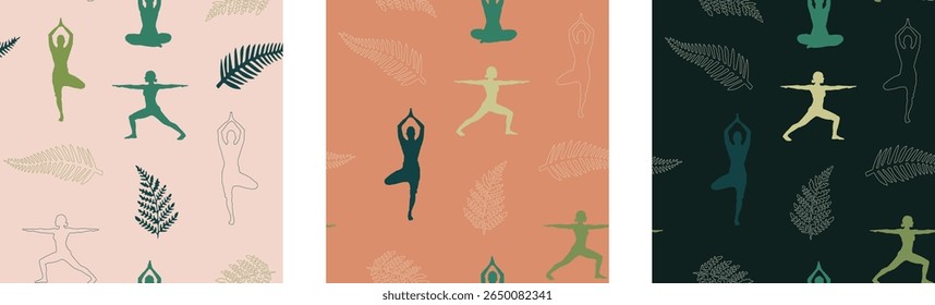Calming, continuous patterns of yoga poses and tropical leaves are perfect for wellness and fabric design.