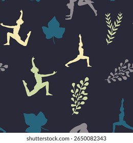 Calming, continuous patterns of yoga poses and tropical leaves are perfect for wellness and fabric design.