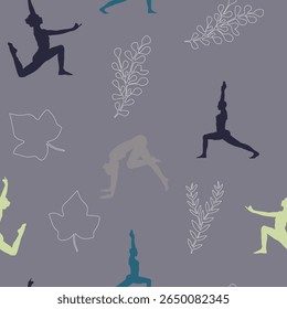 Calming, continuous patterns of yoga poses and tropical leaves are perfect for wellness and fabric design.