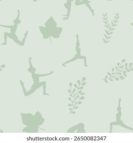 Calming, continuous patterns of yoga poses and tropical leaves are perfect for wellness and fabric design.