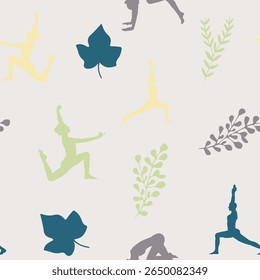 Calming, continuous patterns of yoga poses and tropical leaves are perfect for wellness and fabric design.