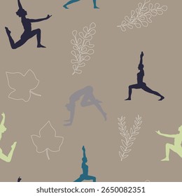 Calming, continuous patterns of yoga poses and tropical leaves are perfect for wellness and fabric design.