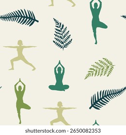 Calming, continuous patterns of yoga poses and tropical leaves are perfect for wellness and fabric design.