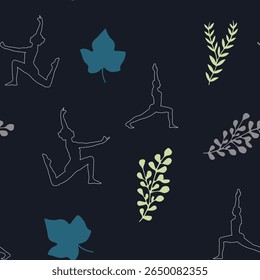 Calming, continuous patterns of yoga poses and tropical leaves are perfect for wellness and fabric design.