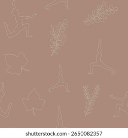 Calming, continuous patterns of yoga poses and tropical leaves are perfect for wellness and fabric design.
