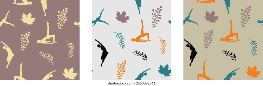 Calming, continuous patterns of yoga poses and tropical leaves are perfect for wellness and fabric design.