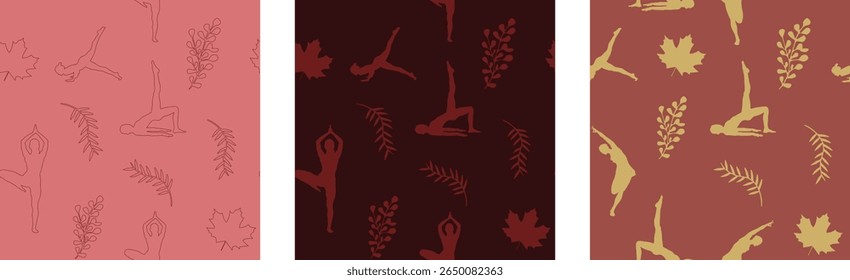 Calming, continuous patterns of yoga poses and tropical leaves are perfect for wellness and fabric design.