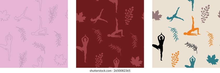 Calming, continuous patterns of yoga poses and tropical leaves are perfect for wellness and fabric design.