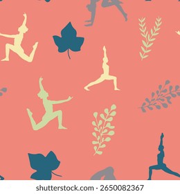 Calming, continuous patterns of yoga poses and tropical leaves are perfect for wellness and fabric design.