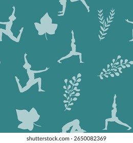 Calming, continuous patterns of yoga poses and tropical leaves are perfect for wellness and fabric design.