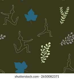 Calming, continuous patterns of yoga poses and tropical leaves are perfect for wellness and fabric design.