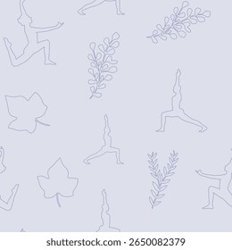 Calming, continuous patterns of yoga poses and tropical leaves are perfect for wellness and fabric design.