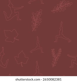 Calming, continuous patterns of yoga poses and tropical leaves are perfect for wellness and fabric design.