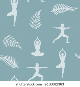 Calming, continuous patterns of yoga poses and tropical leaves are perfect for wellness and fabric design.