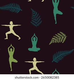 Calming, continuous patterns of yoga poses and tropical leaves are perfect for wellness and fabric design.