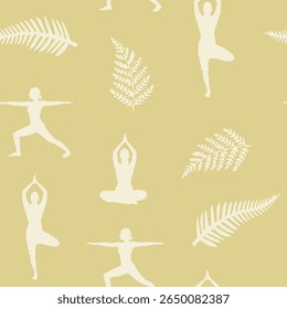 Calming, continuous patterns of yoga poses and tropical leaves are perfect for wellness and fabric design.
