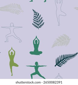 Calming, continuous patterns of yoga poses and tropical leaves are perfect for wellness and fabric design.