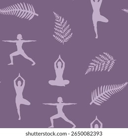 Calming, continuous patterns of yoga poses and tropical leaves are perfect for wellness and fabric design.