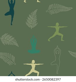 Calming, continuous patterns of yoga poses and tropical leaves are perfect for wellness and fabric design.