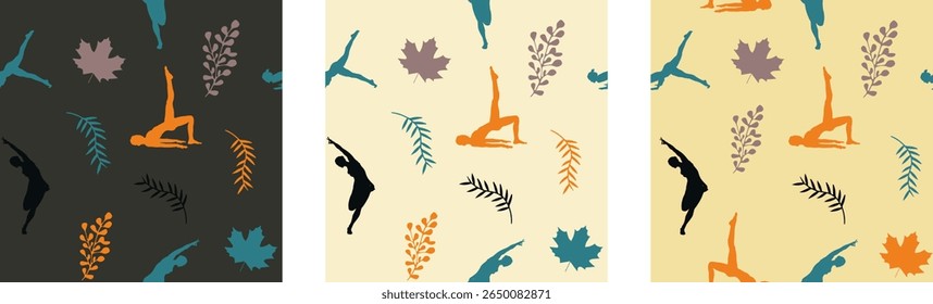 Calming, continuous patterns of yoga poses and tropical leaves are perfect for wellness and fabric design.