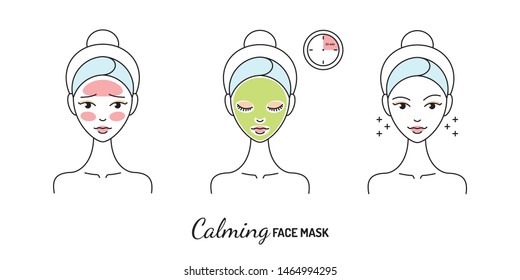 Calming face mask effect. Skin problem solution before and after. Woman taking care of her skin. Line vector illustration, design template.