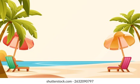 calming landscape with beach, with umbrellas and sunbeds, vacation and summer, with space for inscriptions