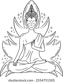 A calming line art illustration of Buddha meditating with a lotus backdrop, symbolizing inner peace and spirituality. Hand drawn vector black-and-white graphics in line art for printed materials