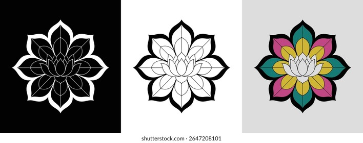 Acalmando mandala de ioga de lótus com pétalas equilibradas e cores brilhantes para decoração serena.