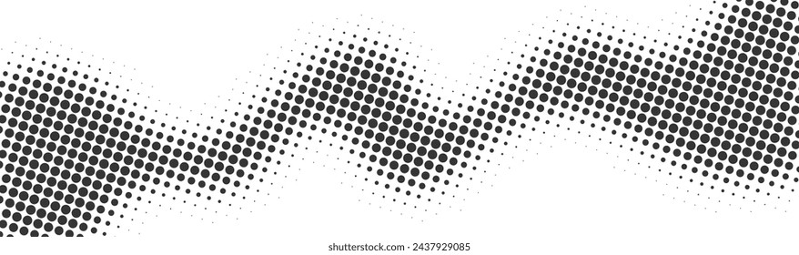 Calming rhythms halftone background dynamic wave vector design in black color. Horizontal halftone banner, dotted header design template