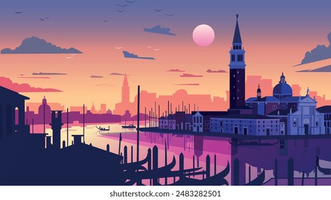 A calming scene unfolds in this flat vector illustration. Sunsets bathe Venetian canals in a warm glow, reflecting on the water's surface. Gondolier poles rest against colorful buildings