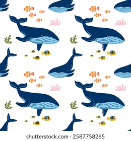 A calming seamless pattern showing whales swimming with small fish, ideal for serene and peaceful ocean designs.