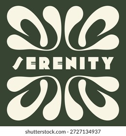 Etiqueta cuadrada calmante con motivos de pétalos de crema suave que irradia de las esquinas alrededor de la palabra Serenidad en un moderno sans serif.
