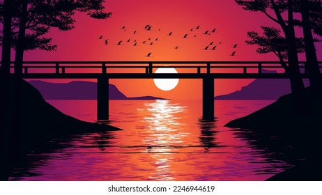 Atardecer en el río con puente y aves voladoras