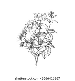 Calming tea herbs vector illustration hand drawn in ink. Graphic image with chamomile, linden and mint. Template for design of herbal tea and aromatic oils