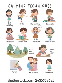 Calming Techniques for Kids – Illustrated Educational Poster. Illustrated poster of calming techniques for children. Helps teach emotional with simple activities. Great for schools and parents