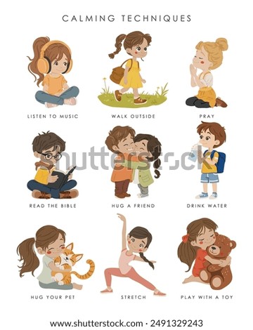  Calming Techniques Poster, Calming Strategies illustration, kids silhouettes, educational material, kids vector, kindergarten illustration, classroom poster, smiles vector, preschool design