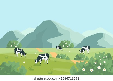 A calming vector background of a farm with grassy fields, a dairy cow, and majestic mountains. Great for agricultural and nature-themed designs.