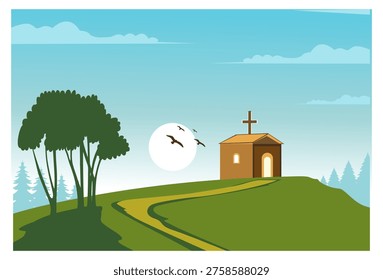 A calming vector illustration features a simple wooden church atop a green, rural hill. A winding path leads the eye to the church's bright door, while a large white sun rises behind the hill, symbolizing new beginnings and spiritual peace in the shade of God's love. This image is suitable for Christian holiday greetings, digital greeting cards, banners, social media posts, worship flyers or brochures, book covers, decorations, and souvenirs.