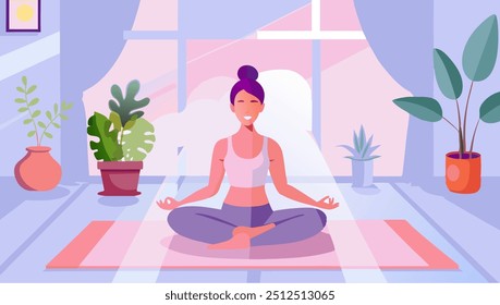 A calming vector illustration of a woman practicing meditation in a serene home setting, surrounded by lush indoor plants. The soft pastel colors 